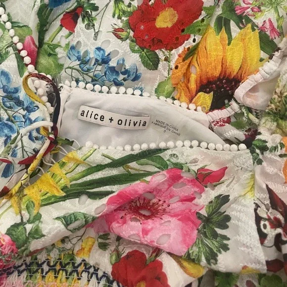 ALICE + OLIVIA Crawford Sweetheart Mini Dress Floral Puff Sleeves Lace Up Size 0